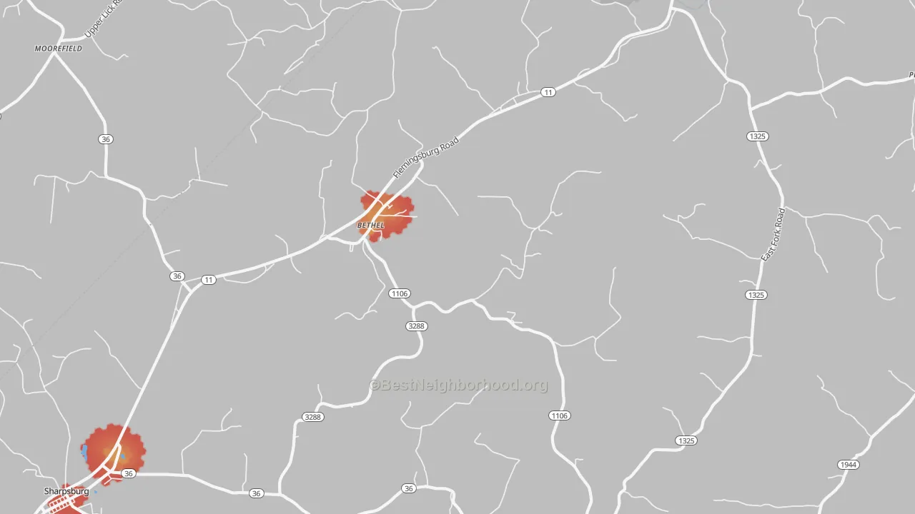 Walk Grade map of Bethel, KY, walkable areas in green and car-dependent areas in red