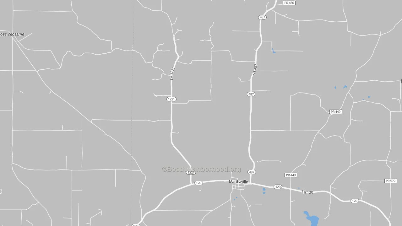Walk Grade map of Bethel, LA, walkable areas in green and car-dependent areas in red
