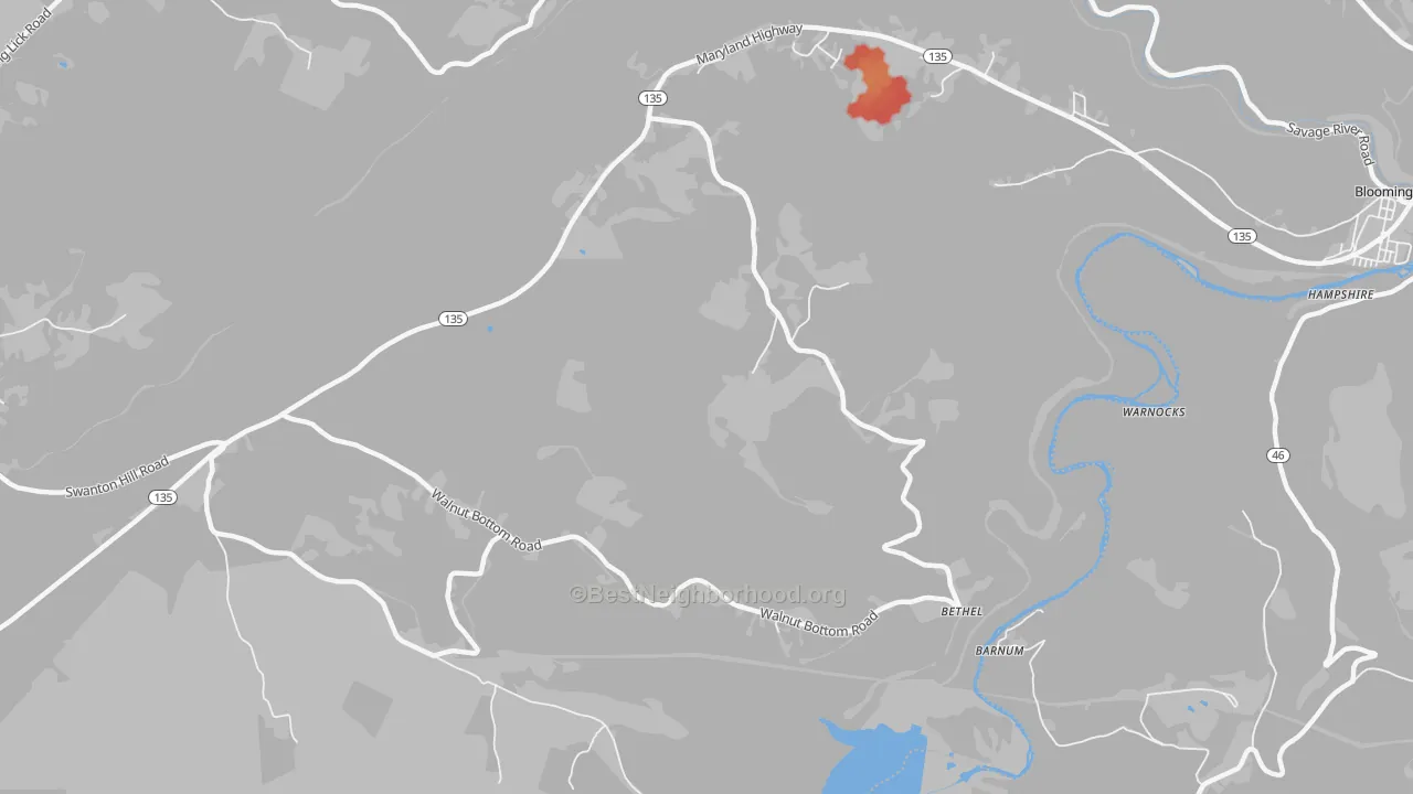 Walk Grade map of Bethel, MD, walkable areas in green and car-dependent areas in red