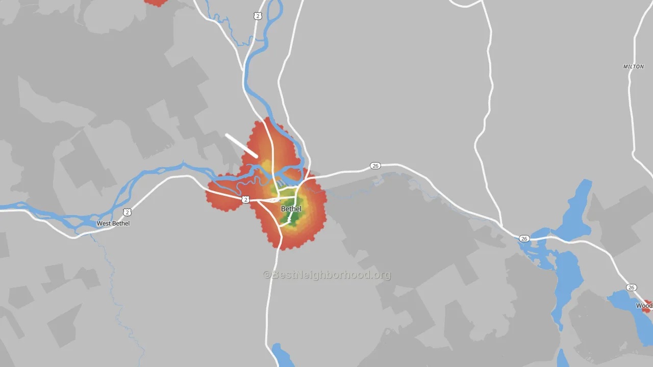 Walk Grade map of Bethel, ME, walkable areas in green and car-dependent areas in red