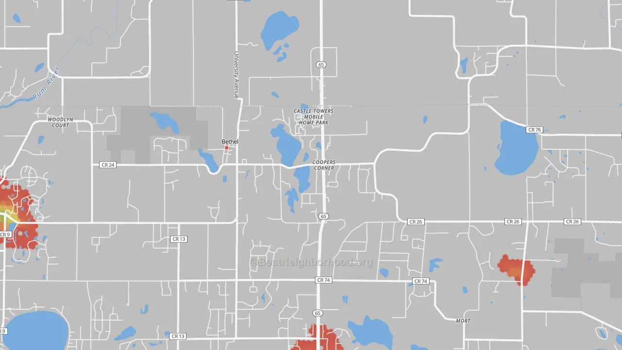 Walk Grade map of Bethel, MN, walkable areas in green and car-dependent areas in red