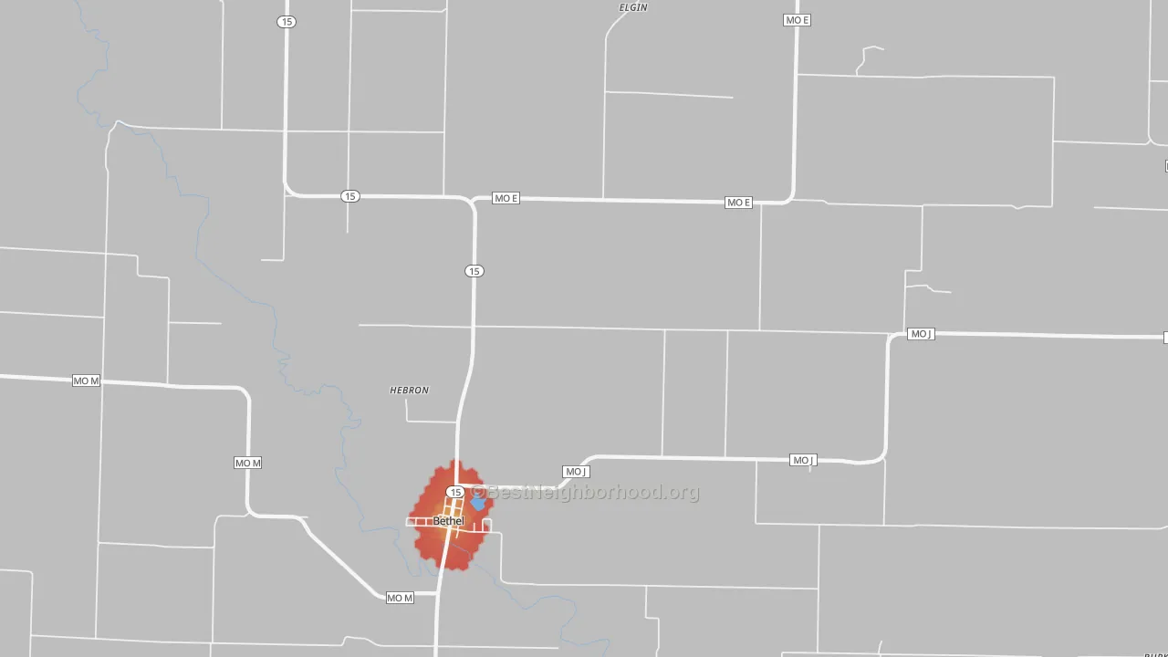 Walk Grade map of Bethel, MO, walkable areas in green and car-dependent areas in red