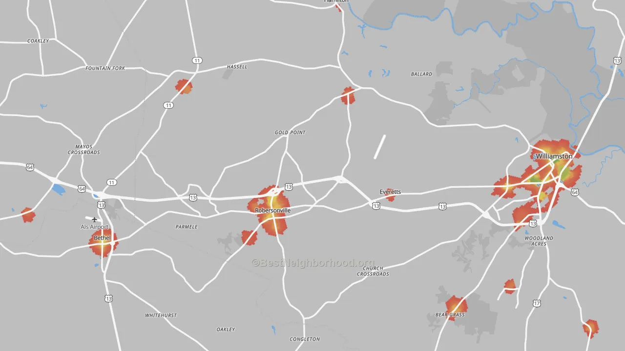 Walk Grade map of Bethel, NC, walkable areas in green and car-dependent areas in red
