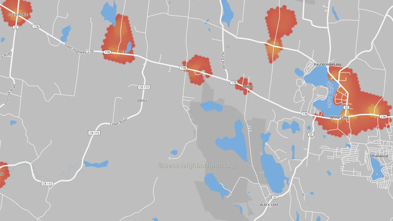 Walk Grade map of Bethel, NY, walkable areas in green and car-dependent areas in red