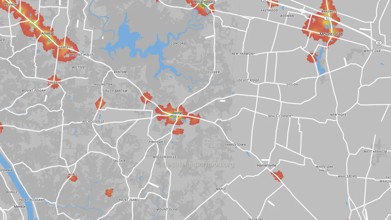 Walk Grade map of Bethel, OH, walkable areas in green and car-dependent areas in red
