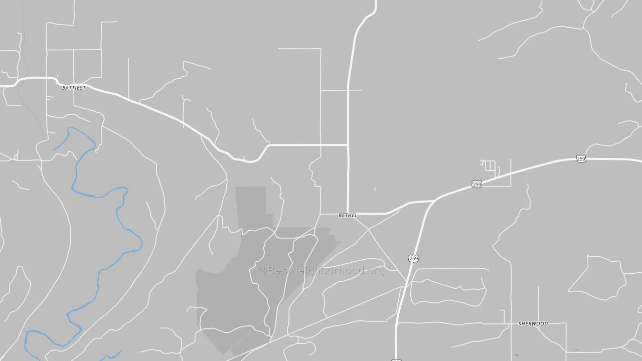 Walk Grade map of Bethel, OK, walkable areas in green and car-dependent areas in red