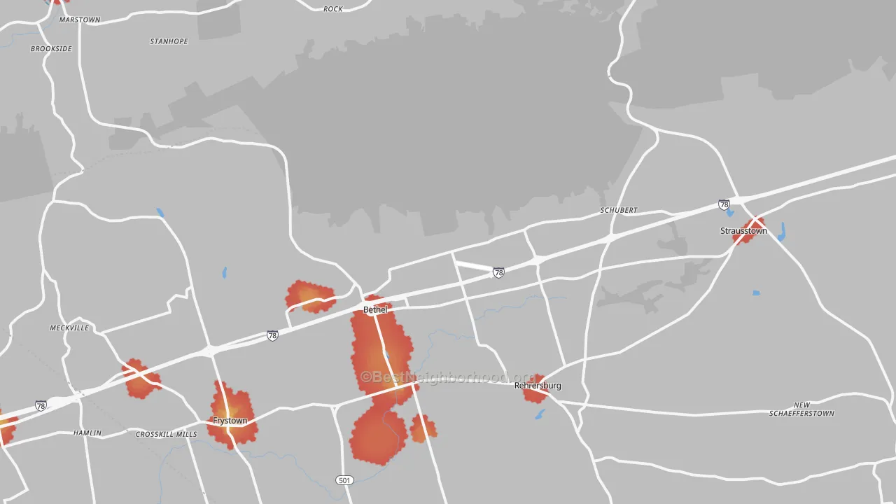 Walk Grade map of Bethel, PA, walkable areas in green and car-dependent areas in red