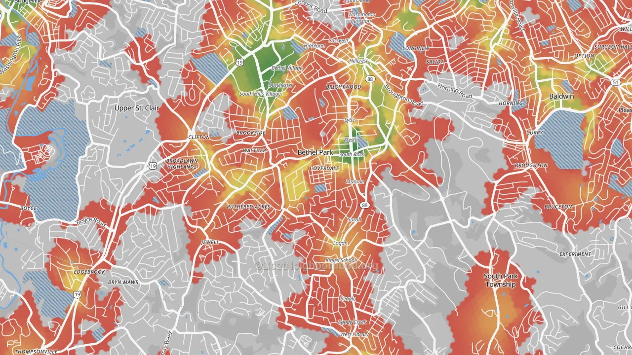 Walk Grade map of Bethel Park, PA, walkable areas in green and car-dependent areas in red