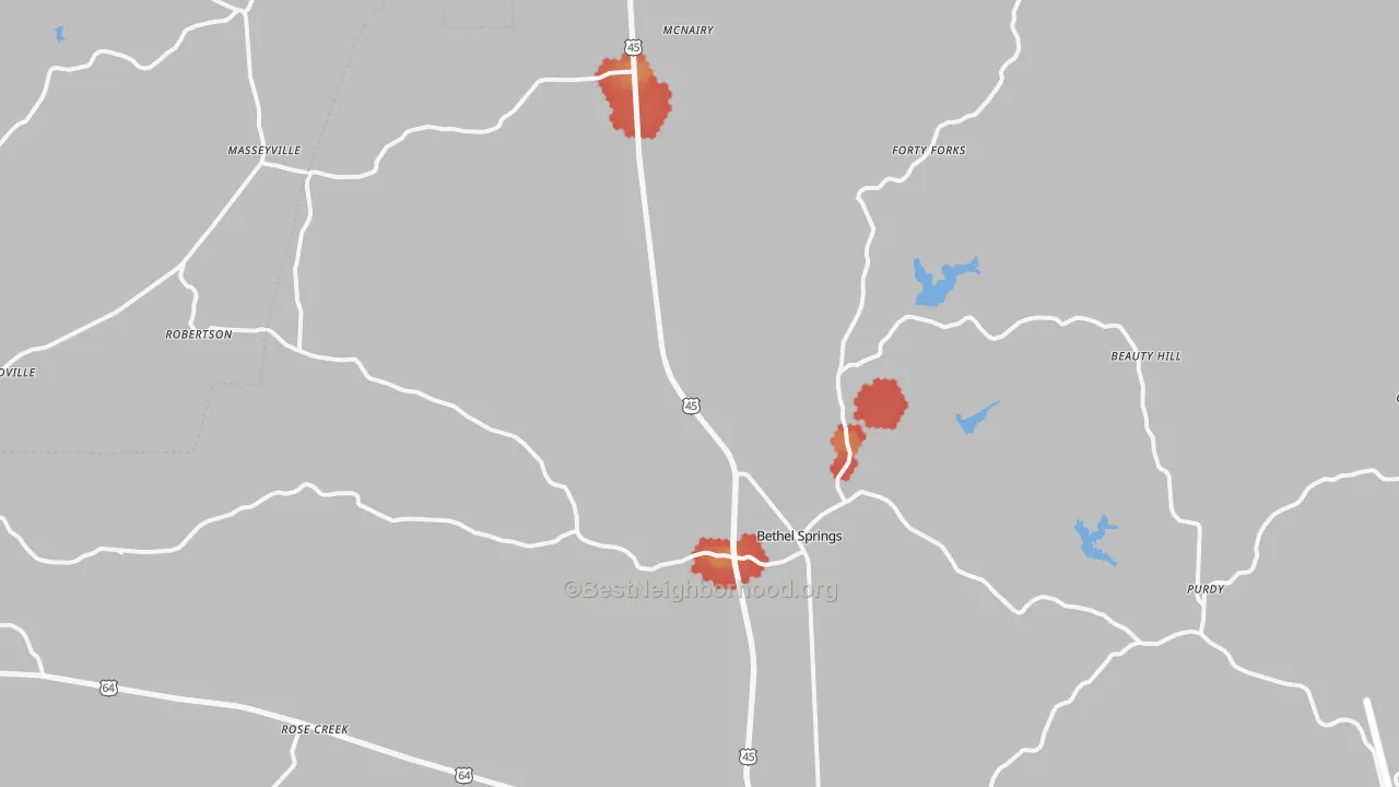 Walk Grade map of Bethel Springs, TN, walkable areas in green and car-dependent areas in red