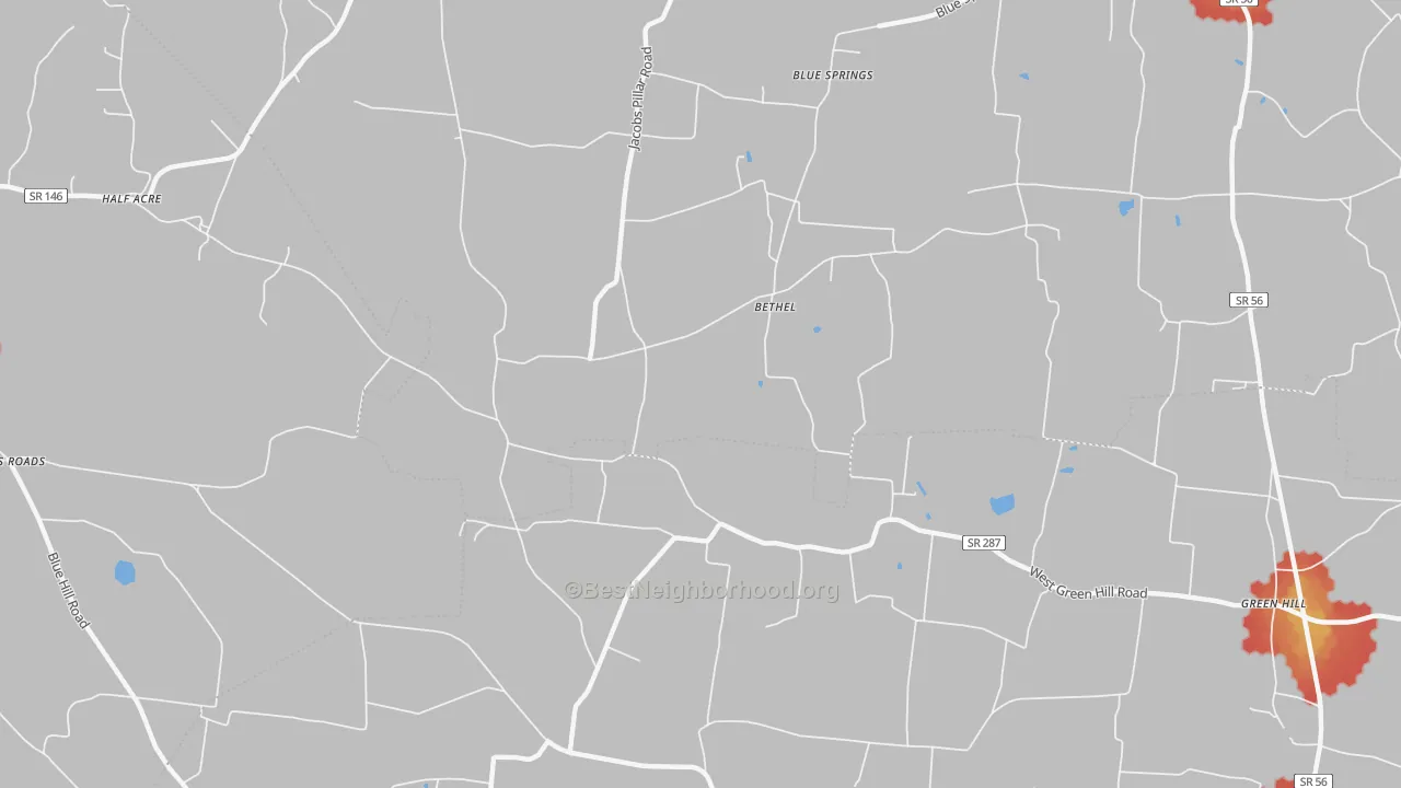 Walk Grade map of Bethel, TN, walkable areas in green and car-dependent areas in red