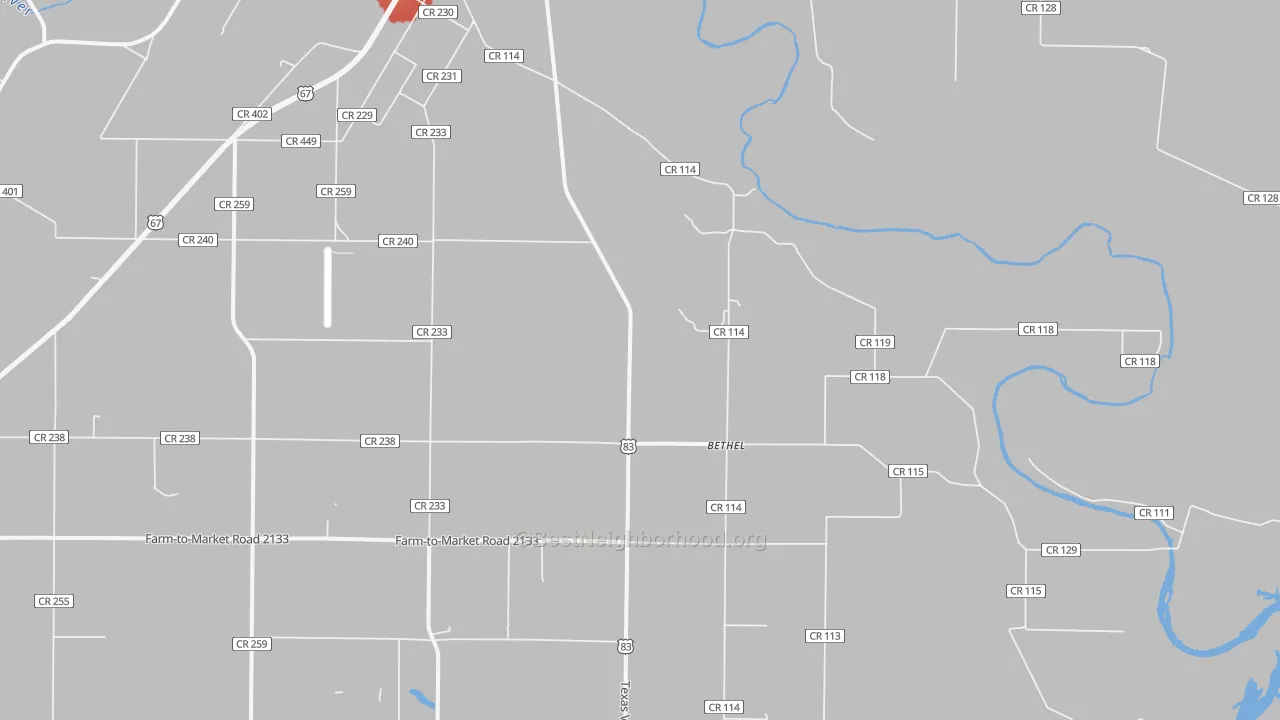 Walk Grade map of Bethel, TX, walkable areas in green and car-dependent areas in red