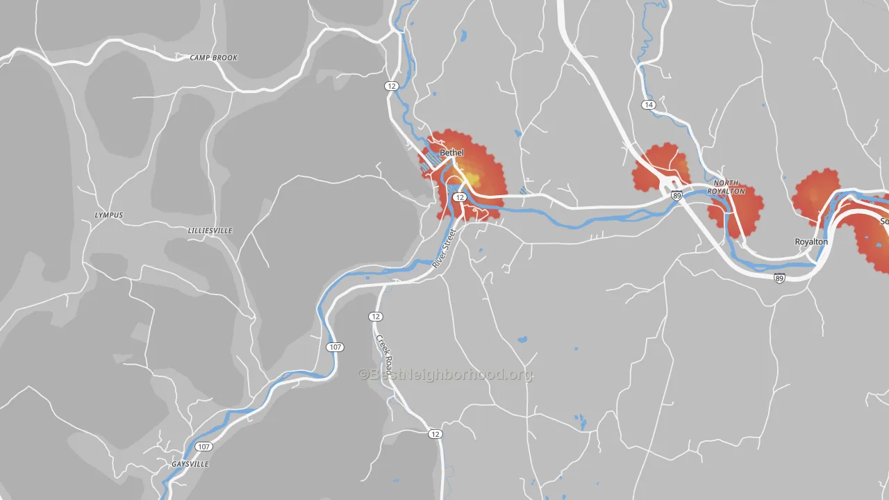 Walk Grade map of Bethel, VT, walkable areas in green and car-dependent areas in red