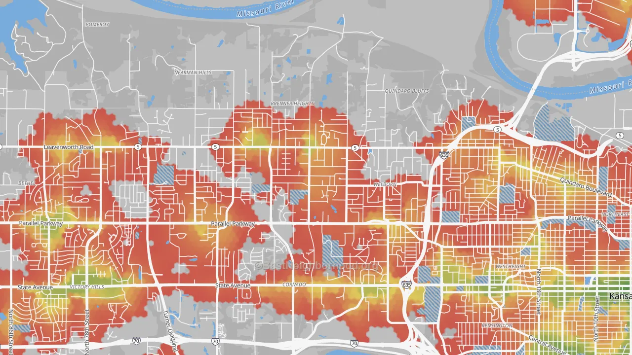 Walk Grade map of Bethel Welborn, Kansas City, KS, walkable areas in green and car-dependent areas in red