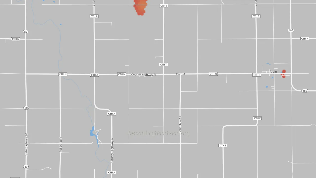 Walk Grade map of Bethel, WI, walkable areas in green and car-dependent areas in red
