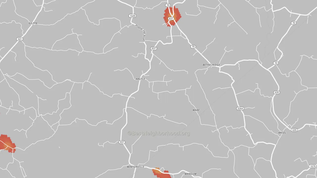 Walk Grade map of Bethelridge, KY, walkable areas in green and car-dependent areas in red