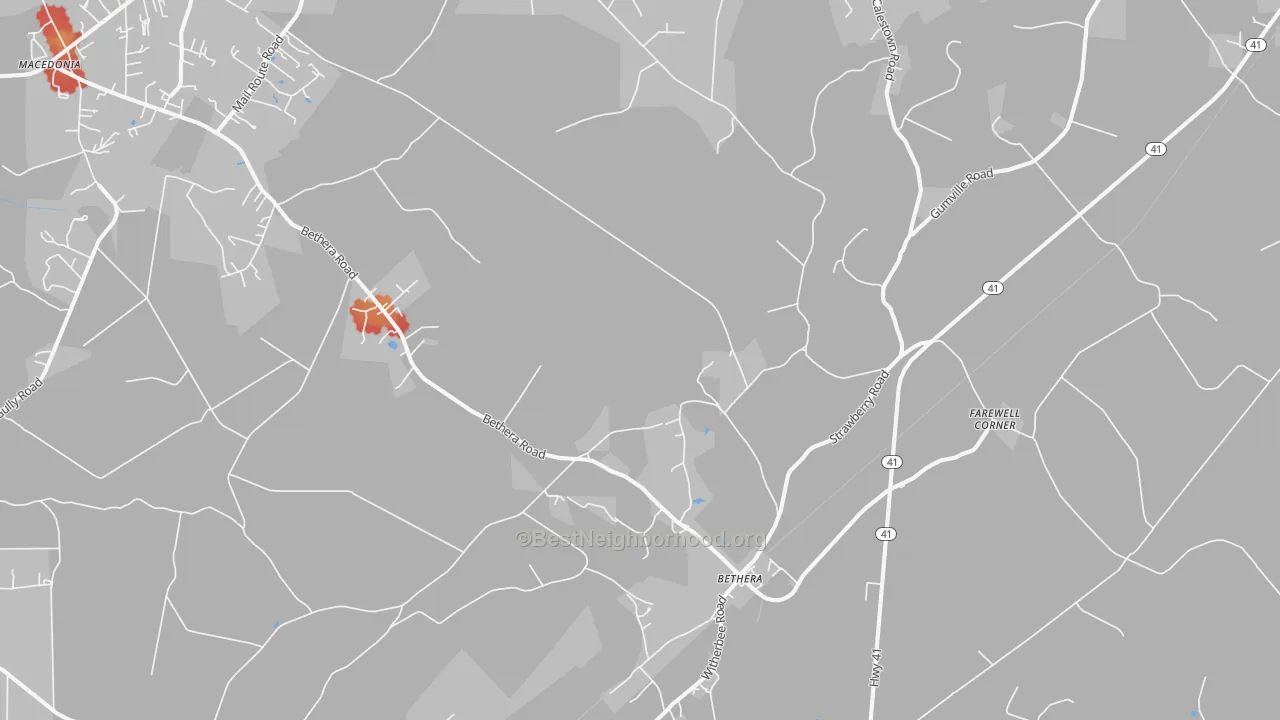 Walk Grade map of Bethera, SC, walkable areas in green and car-dependent areas in red