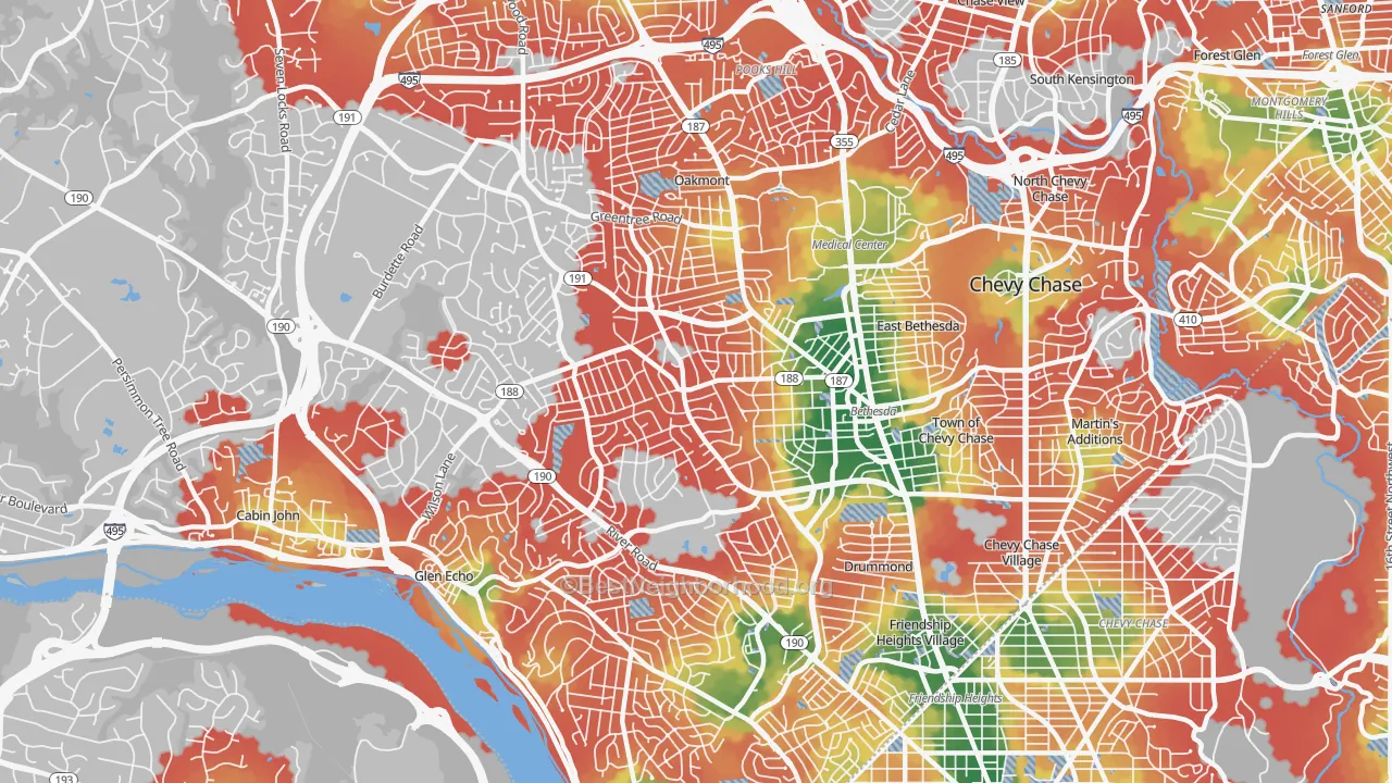 Walk Grade map of Bethesda, MD, walkable areas in green and car-dependent areas in red