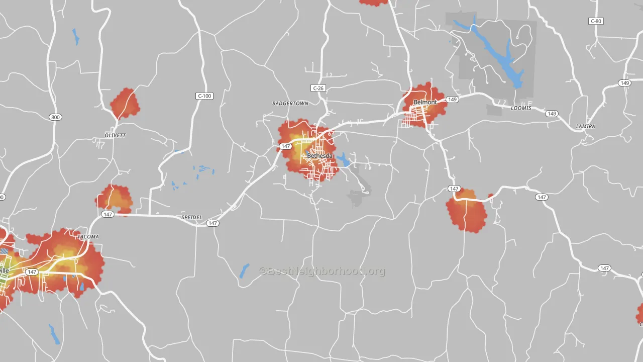 Walk Grade map of Bethesda, OH, walkable areas in green and car-dependent areas in red