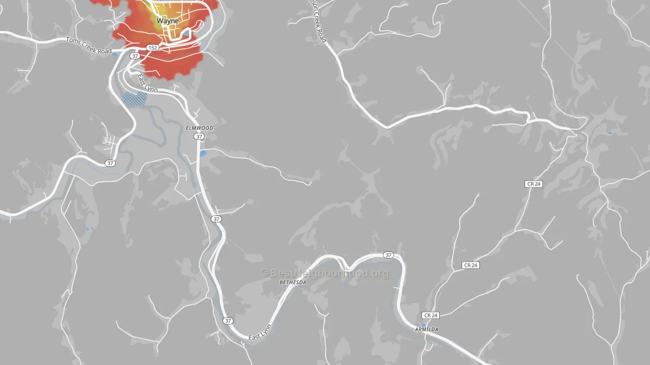 Walk Grade map of Bethesda, WV, walkable areas in green and car-dependent areas in red