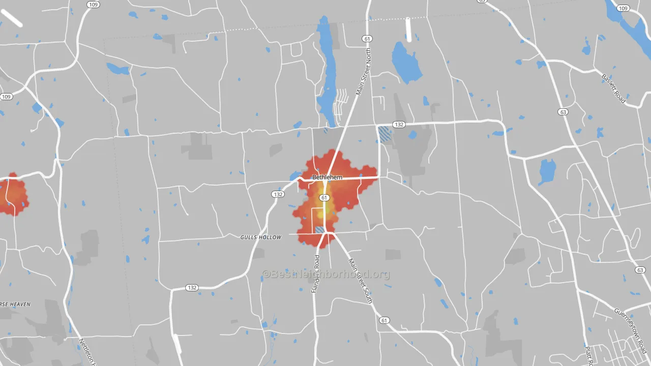 Walk Grade map of Bethlehem, CT, walkable areas in green and car-dependent areas in red