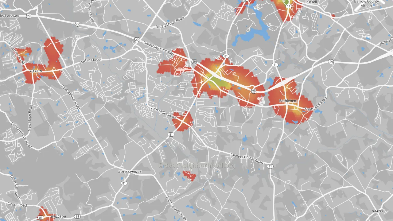 Walk Grade map of Bethlehem, GA, walkable areas in green and car-dependent areas in red