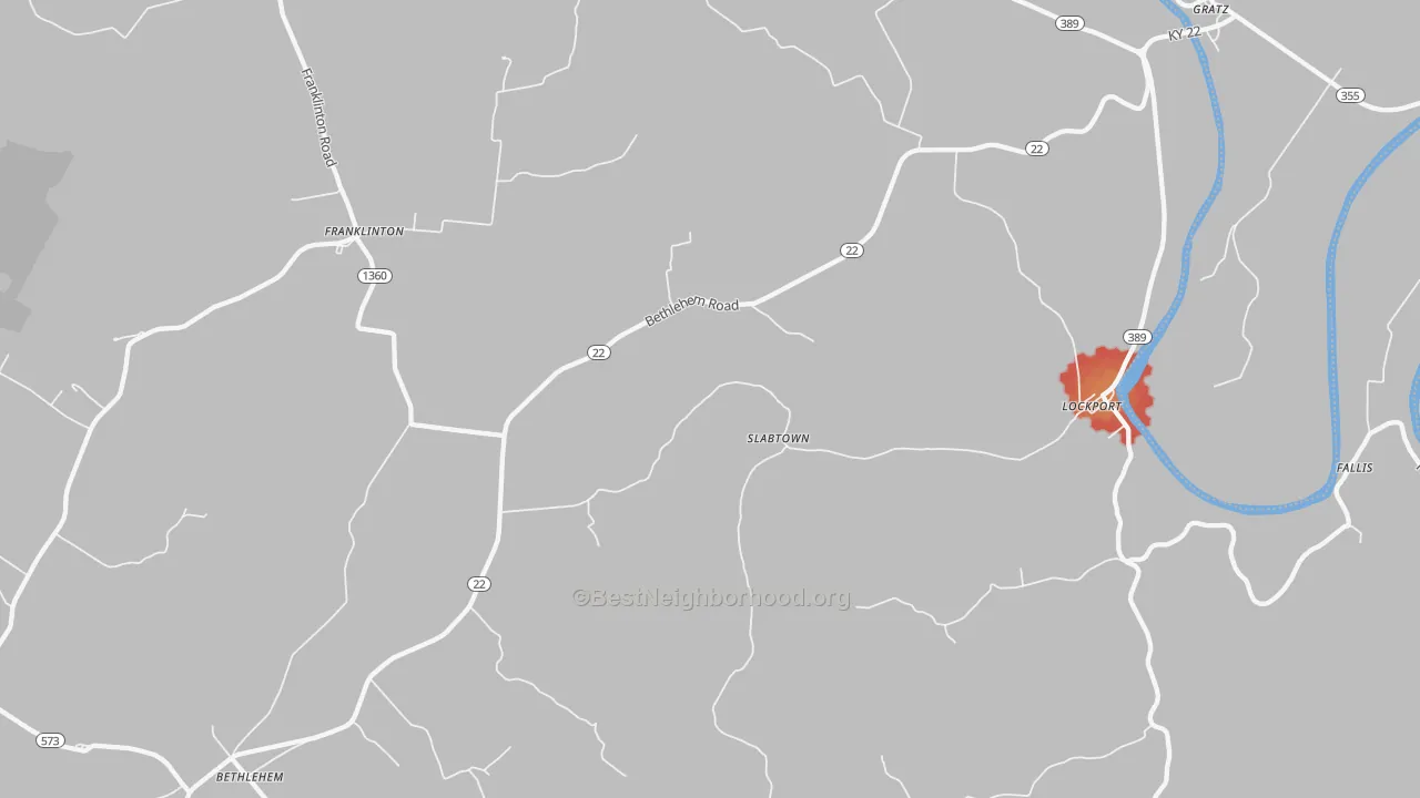 Walk Grade map of Bethlehem, KY, walkable areas in green and car-dependent areas in red