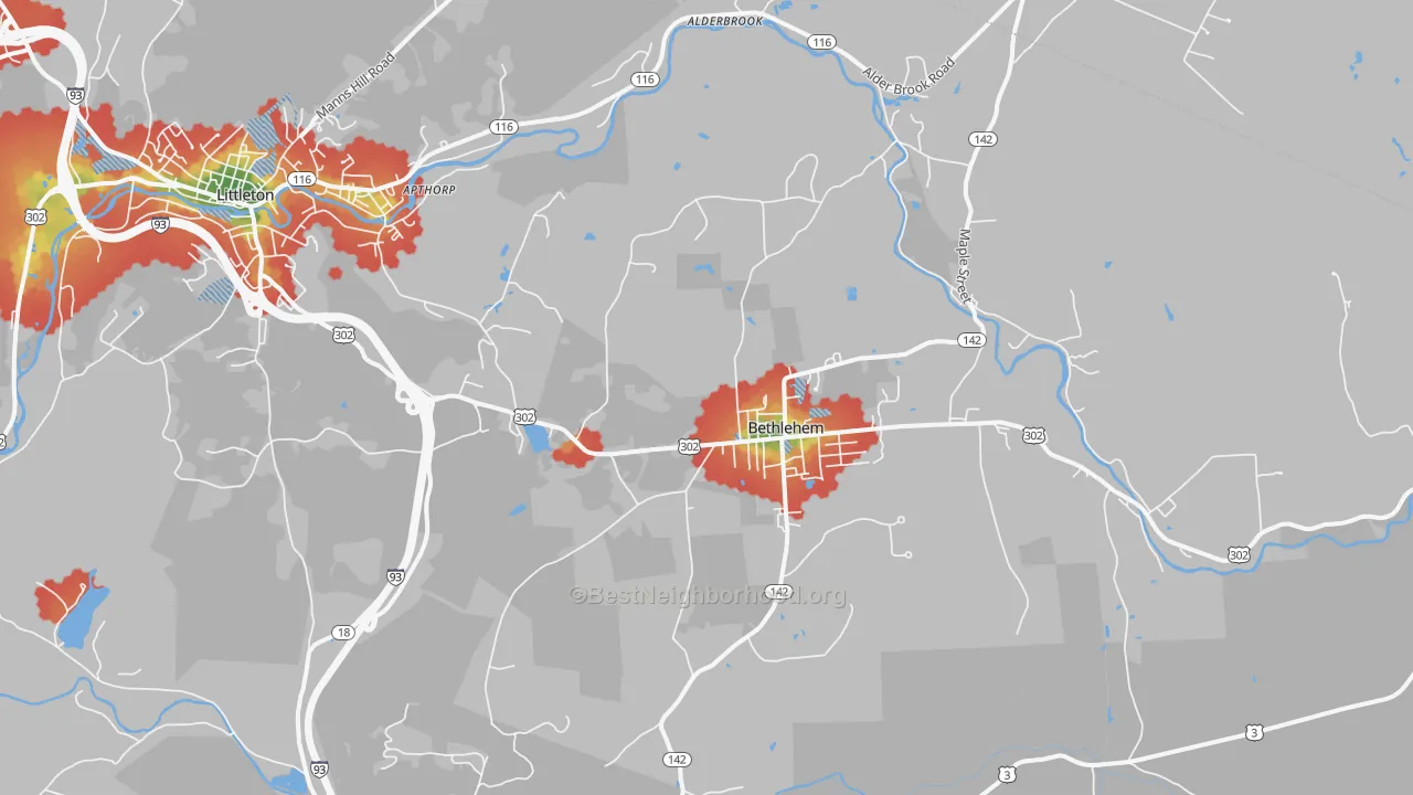 Walk Grade map of Bethlehem, NH, walkable areas in green and car-dependent areas in red