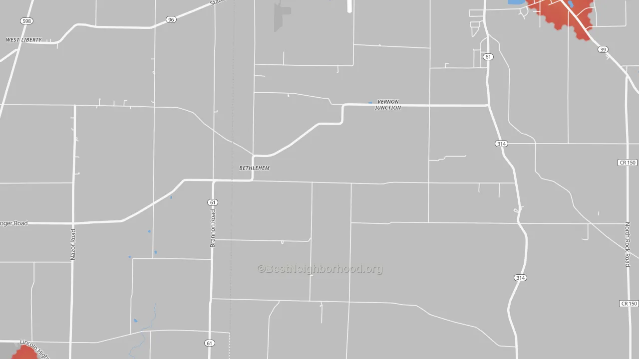 Walk Grade map of Bethlehem, OH, walkable areas in green and car-dependent areas in red