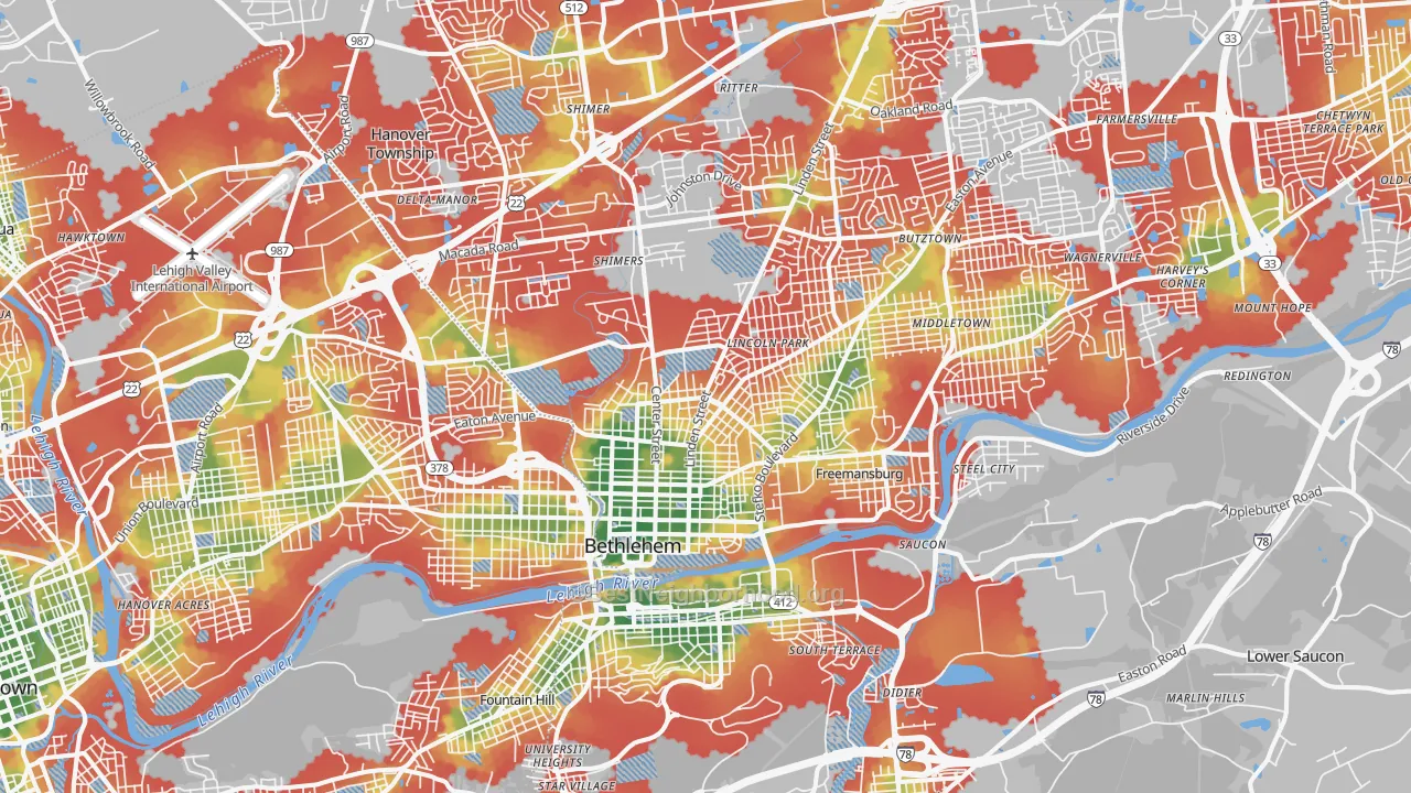 Walk Grade map of Bethlehem, PA, walkable areas in green and car-dependent areas in red
