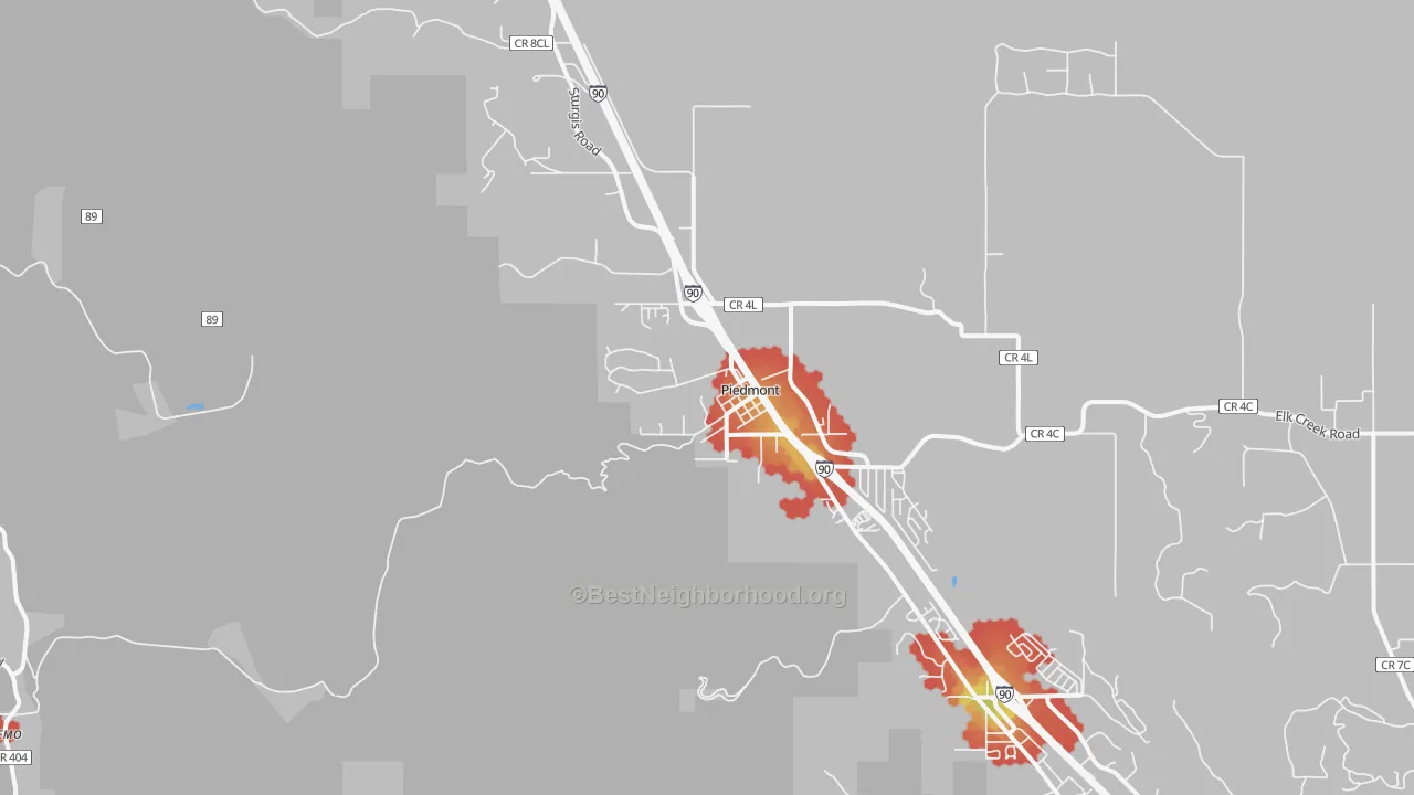 Walk Grade map of Bethlehem, SD, walkable areas in green and car-dependent areas in red