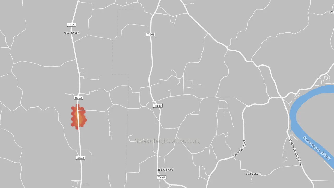 Walk Grade map of Bethlehem, TN, walkable areas in green and car-dependent areas in red