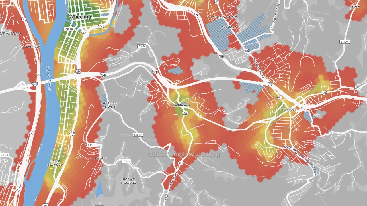 Walk Grade map of Bethlehem, WV, walkable areas in green and car-dependent areas in red