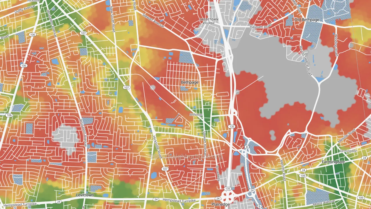 Walk Grade map of Bethpage, NY, walkable areas in green and car-dependent areas in red