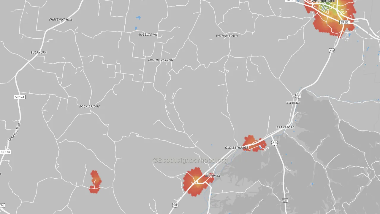 Walk Grade map of Bethpage, TN, walkable areas in green and car-dependent areas in red