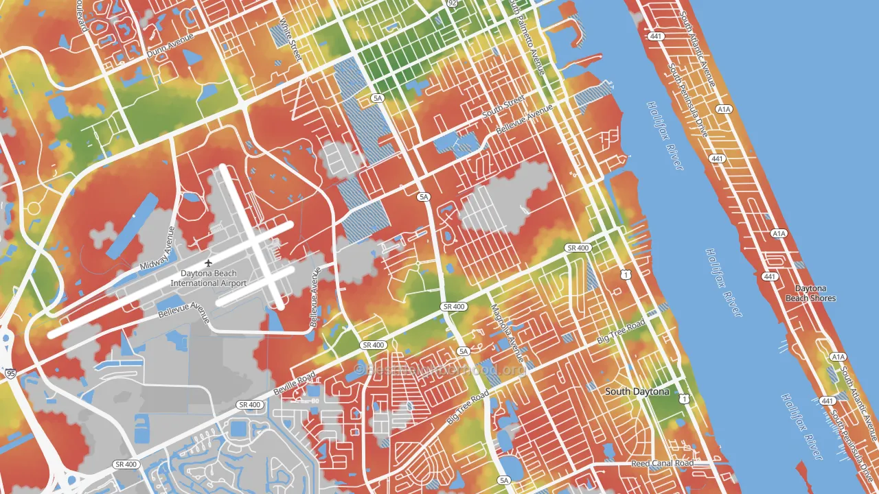 Walk Grade map of Bethune Grant, Daytona Beach, FL, walkable areas in green and car-dependent areas in red