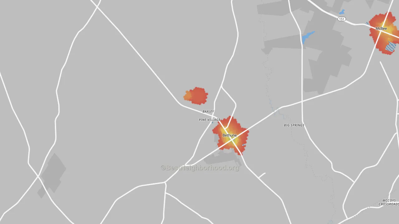 Walk Grade map of Bethune, SC, walkable areas in green and car-dependent areas in red