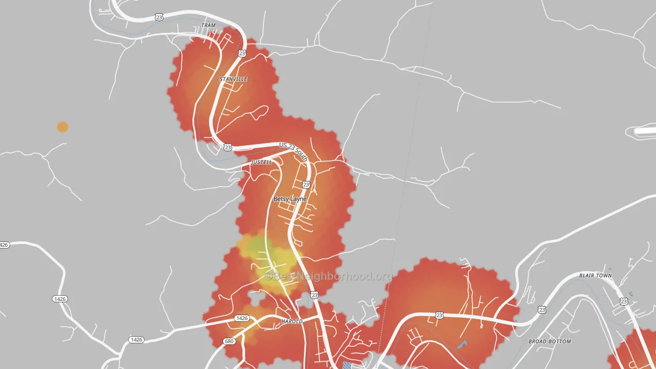 Walk Grade map of Betsy Layne, KY, walkable areas in green and car-dependent areas in red