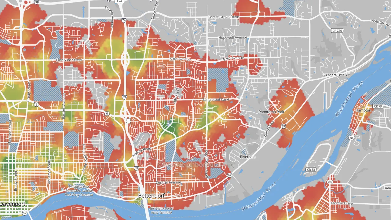 Walk Grade map of Bettendorf, IA, walkable areas in green and car-dependent areas in red