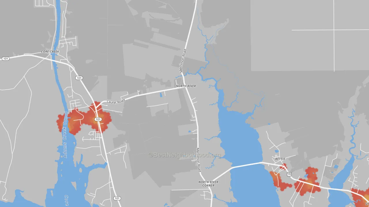 Walk Grade map of Bettie, NC, walkable areas in green and car-dependent areas in red