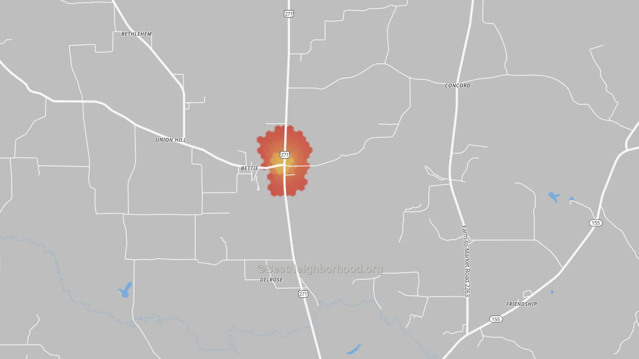 Walk Grade map of Bettie, TX, walkable areas in green and car-dependent areas in red