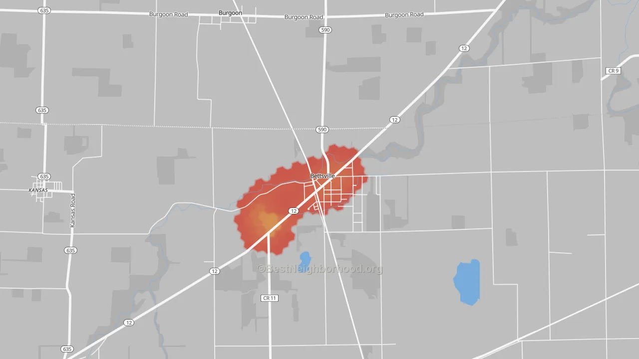 Walk Grade map of Bettsville, OH, walkable areas in green and car-dependent areas in red