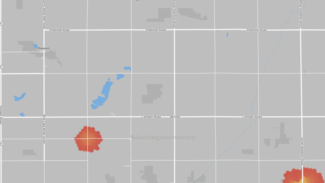 Walk Grade map of Betzer, MI, walkable areas in green and car-dependent areas in red