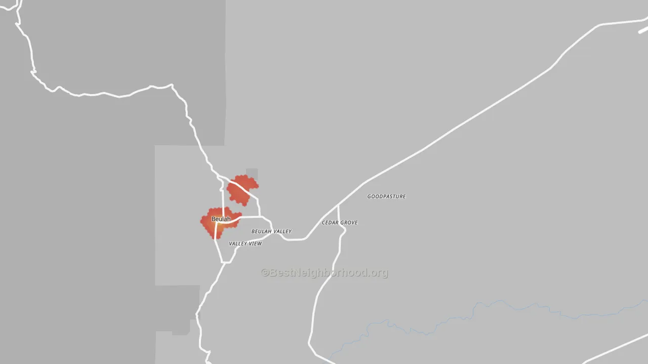 Walk Grade map of Beulah, CO, walkable areas in green and car-dependent areas in red