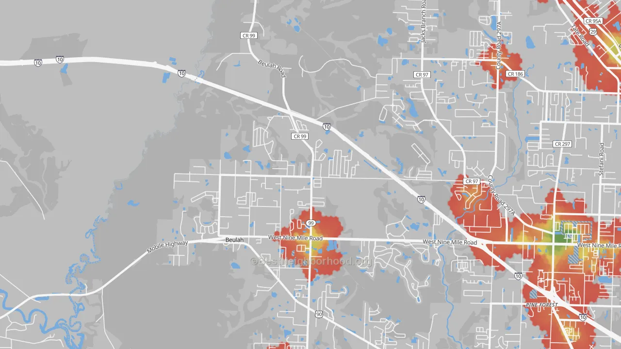 Walk Grade map of Beulah, FL, walkable areas in green and car-dependent areas in red