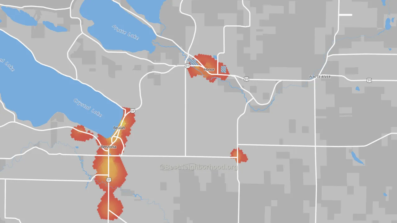 Walk Grade map of Beulah, MI, walkable areas in green and car-dependent areas in red
