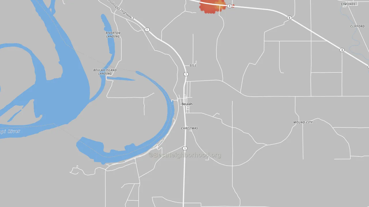 Walk Grade map of Beulah, MS, walkable areas in green and car-dependent areas in red