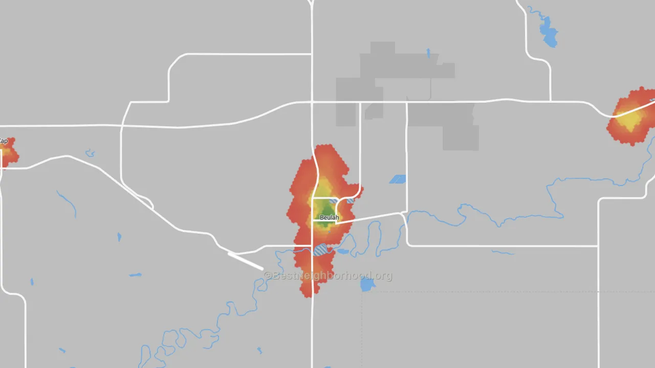 Walk Grade map of Beulah, ND, walkable areas in green and car-dependent areas in red