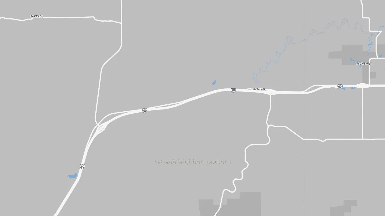 Walk Grade map of Beulah, WY, walkable areas in green and car-dependent areas in red