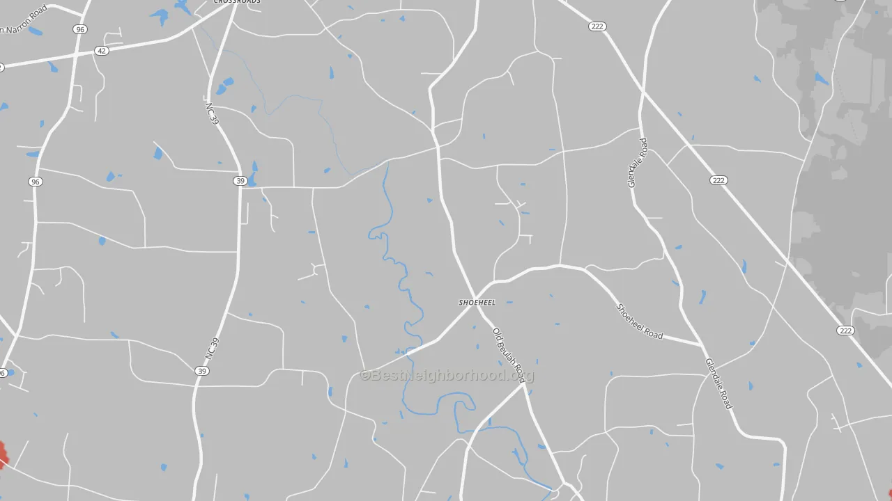 Walk Grade map of Beulahtown, NC, walkable areas in green and car-dependent areas in red