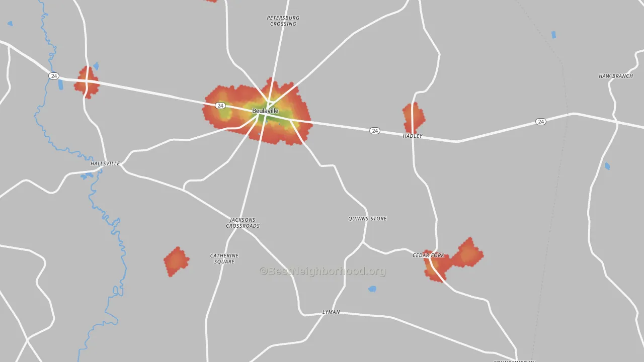 Walk Grade map of Beulaville, NC, walkable areas in green and car-dependent areas in red